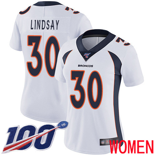 Women Denver Broncos 30 Phillip Lindsay White Vapor Untouchable Limited Player 100th Season Football NFL Jersey